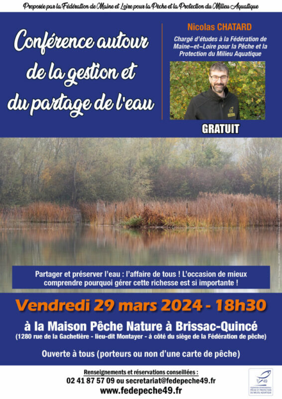 Affiche de la conférence avec la photo de Nicolas Chatard au dessus de la photo d'un étang